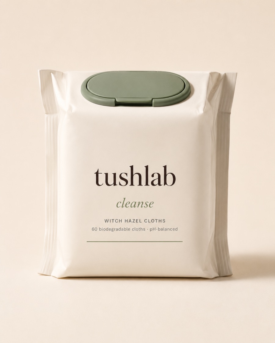 Tushlab Cleanse witch hazel cloths, 60 biodegradable pH-balanced cloths