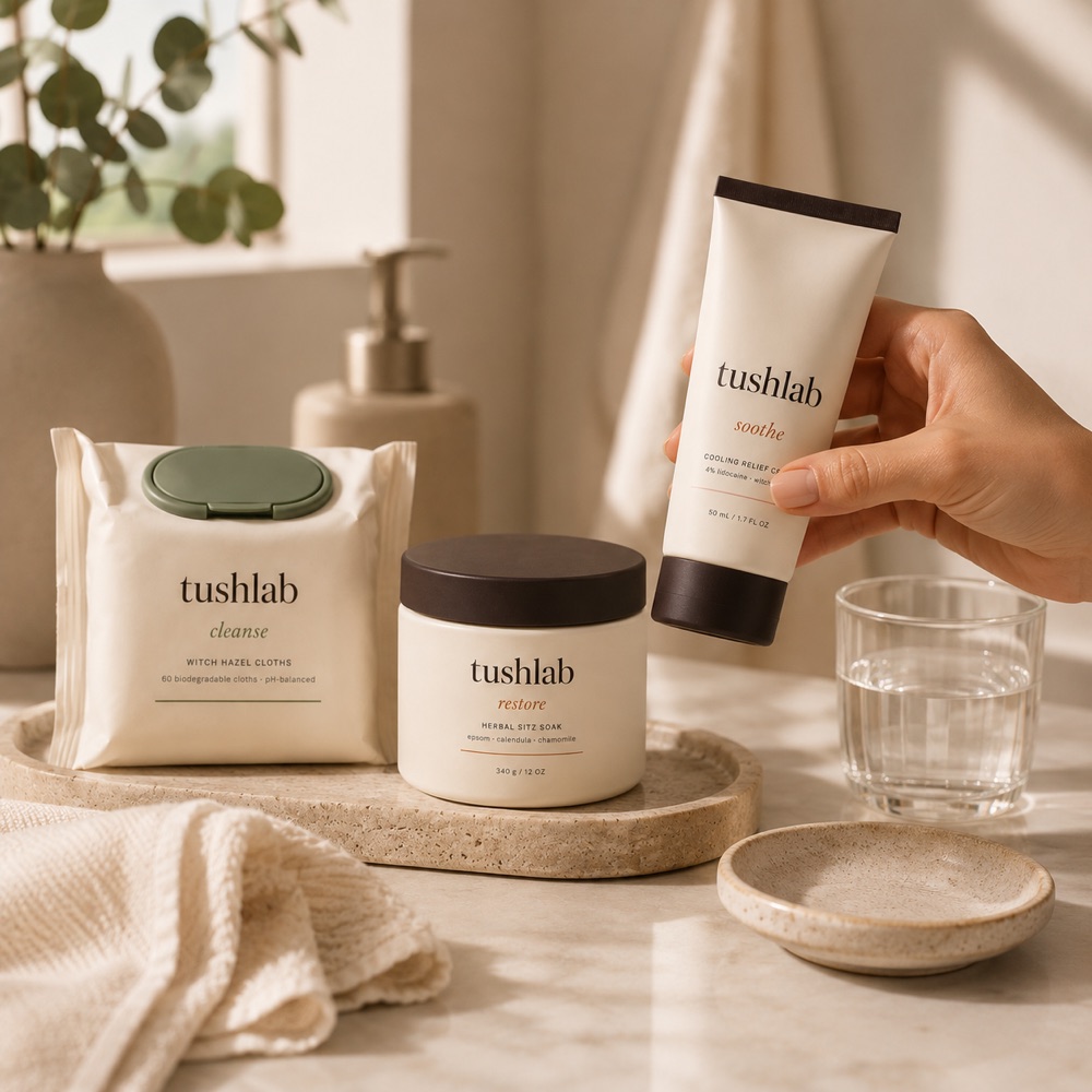 The Tushlab Trio on a bathroom counter in morning light, a hand picking up the Soothe cream