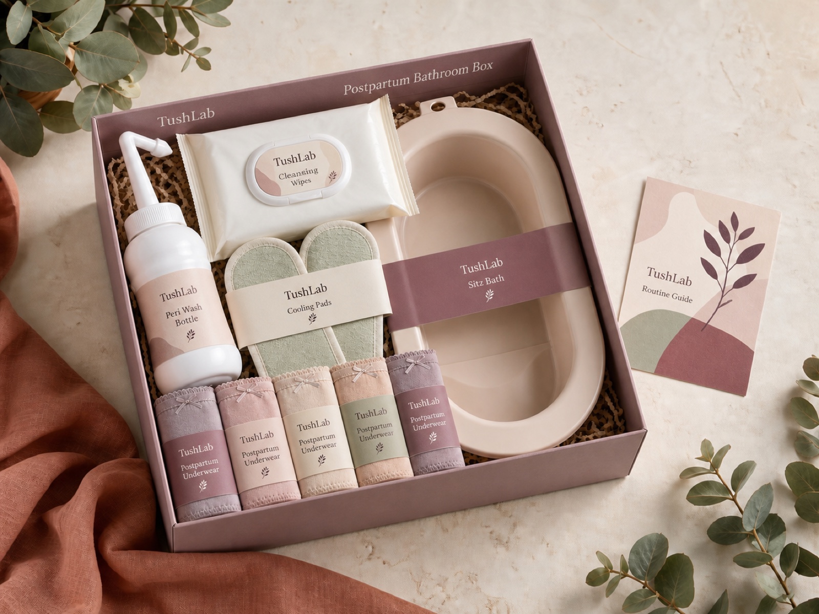 Présentation représentative du contenu de la box post-partum TushLab